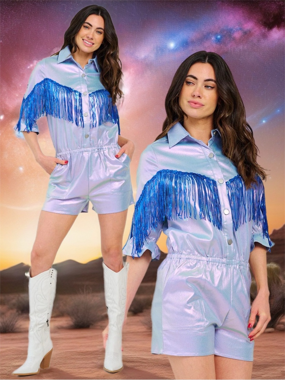 Fantastic Fawn | Space Cowgirl Iridescent Blue Fringe Romper Festival New Medium